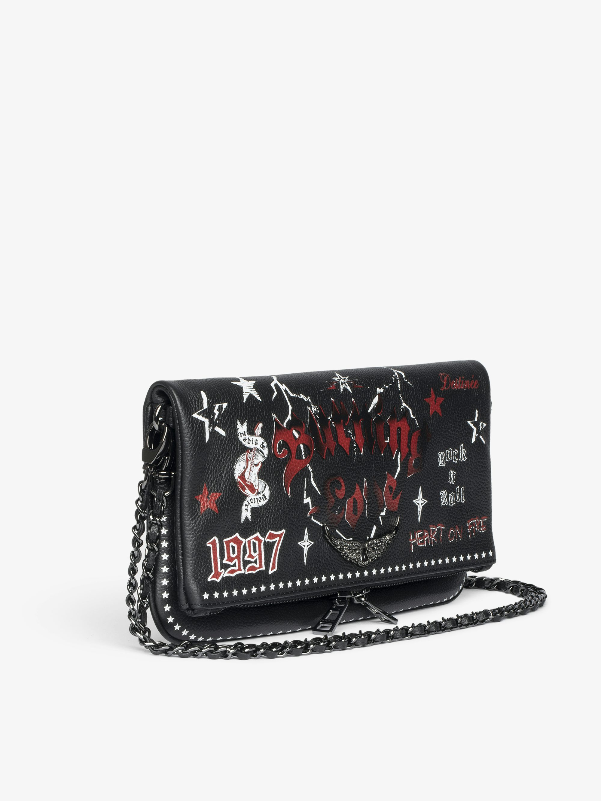 Rock Punk Clutch - Punk grained leather clutch with double leather and metal chain and rhinestone-embellished wings.